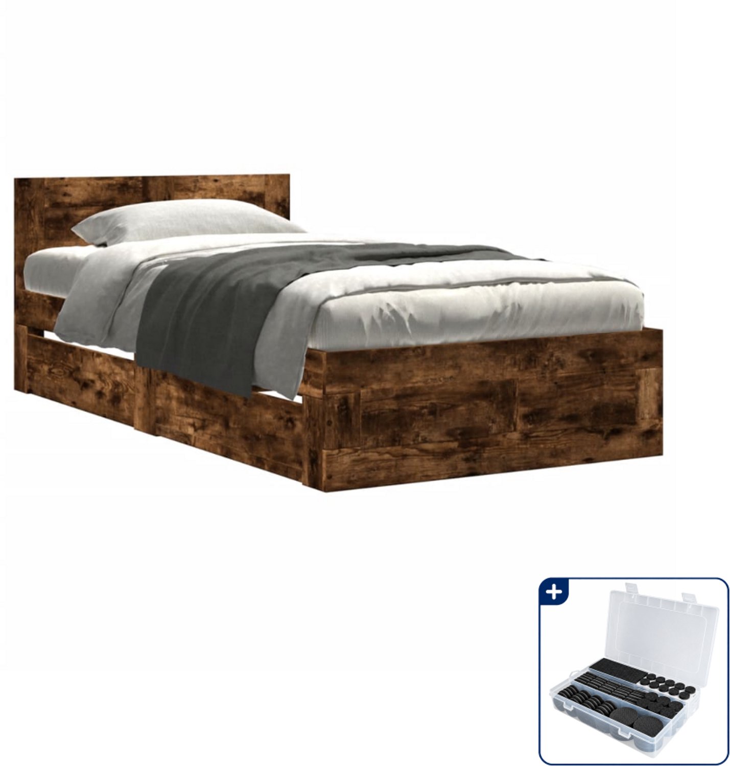 vidaXL Bedframe - 75 x 190 cm - bewerkt hout - gerookt eiken - Inclusief antikrasvilt 177-delig Wit