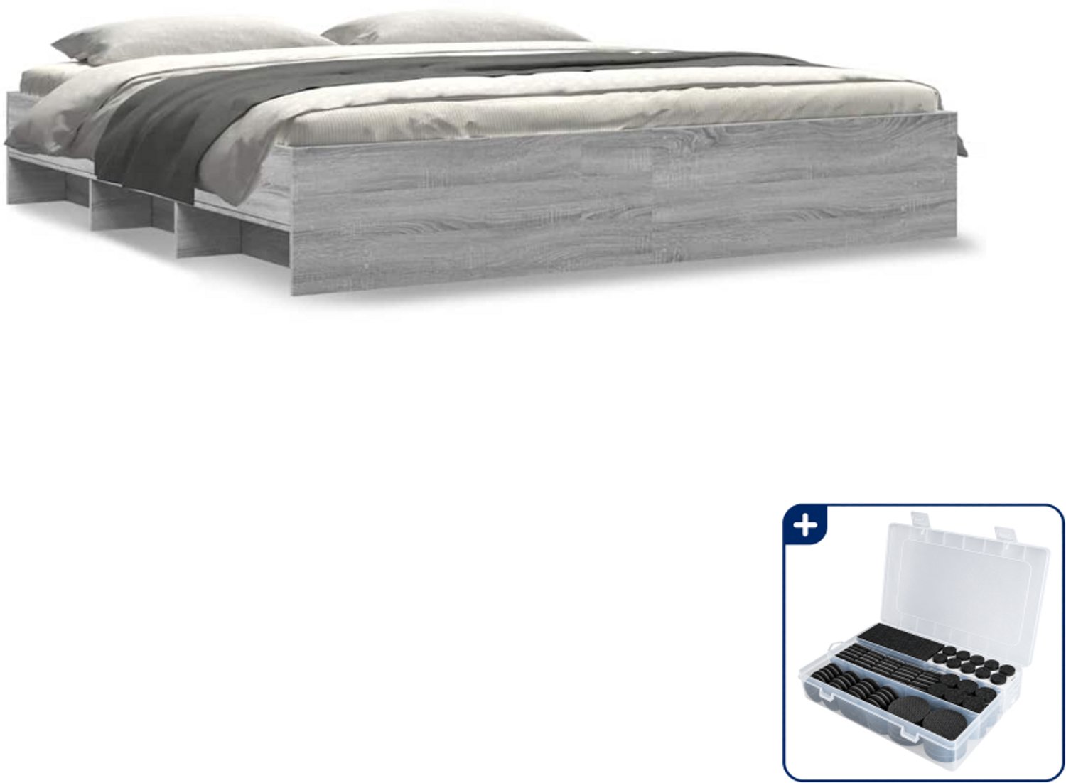 vidaXL bedframe - 200 x 200 cm - bewerkt hout - grijs sonoma eiken - Inclusief antikrasvilt 177-delig Wit
