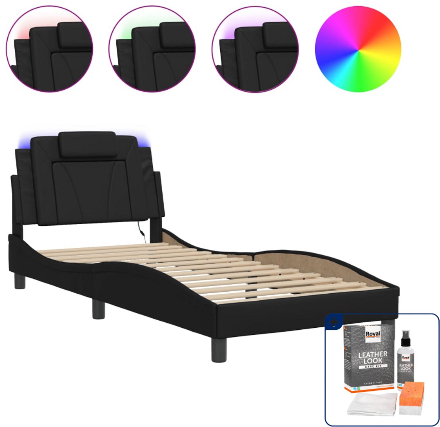 vidaXL Viana bedframe met LED - 80 x 200 cm - zwart - Inclusief onderhoudsset voor kunstleer 150 ml