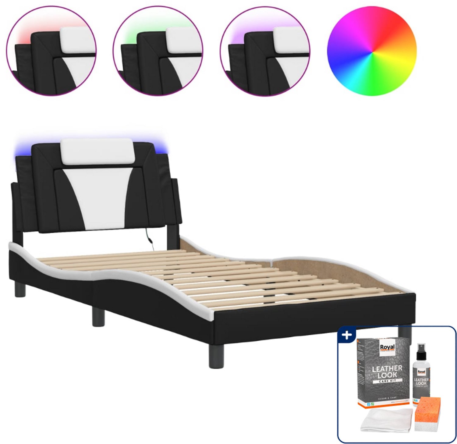 vidaXL Viana bedframe met LED - 100 x 200 cm - zwart en wit - Inclusief onderhoudsset voor kunstleer 150 ml