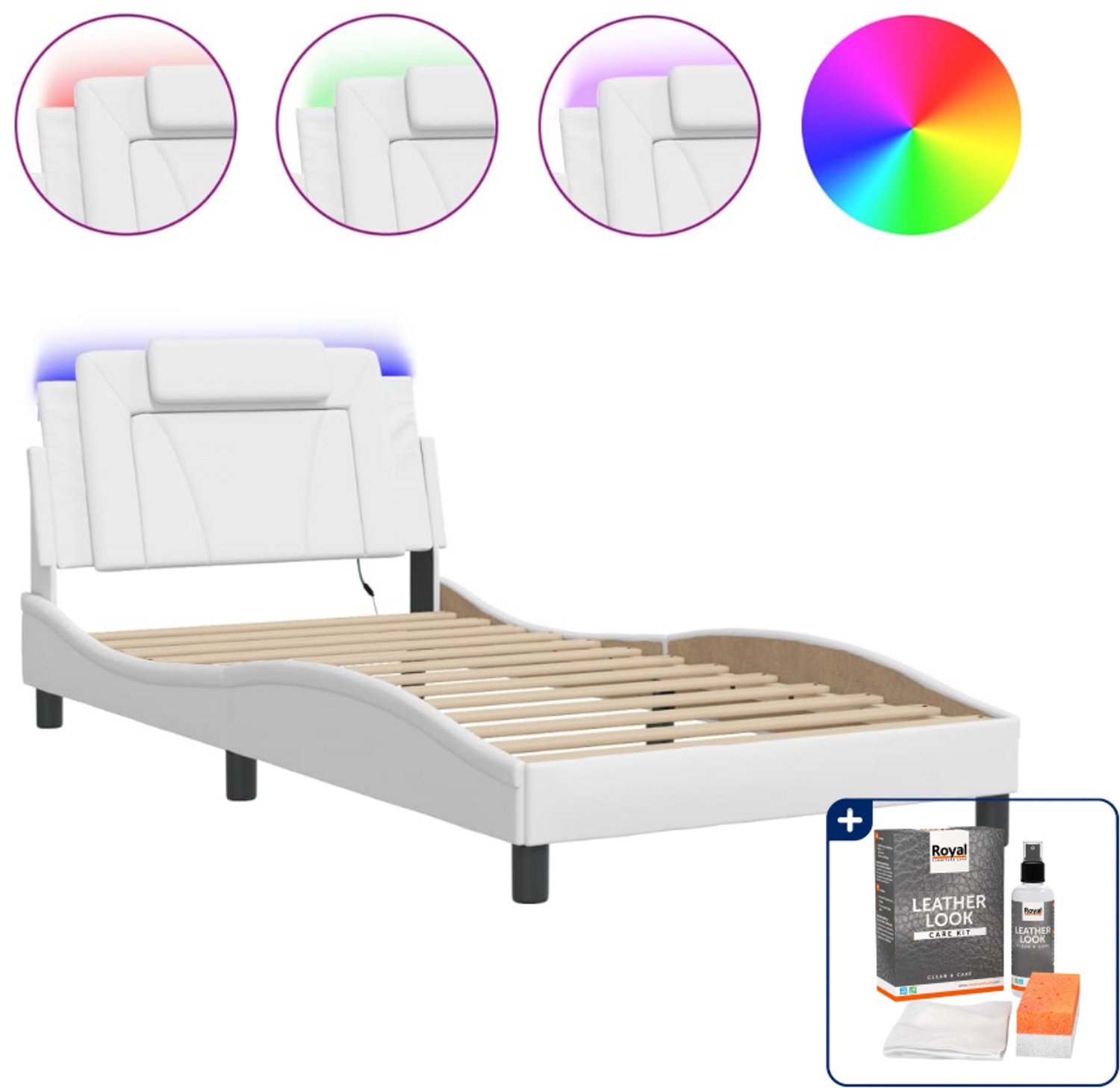 vidaXL Viana bedframe met LED - 100 x 200 cm - wit - Inclusief onderhoudsset voor kunstleer 150 ml