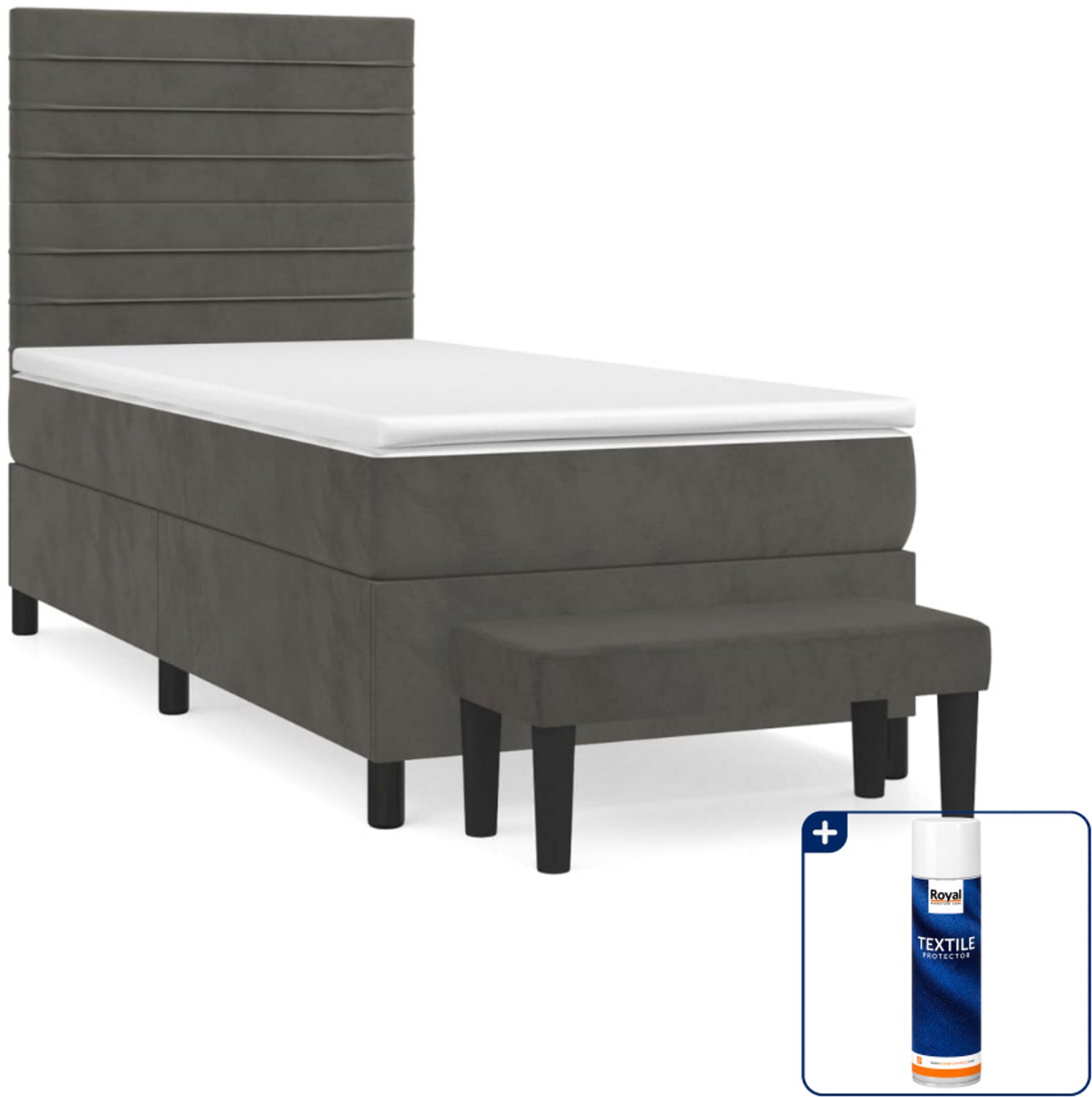 vidaXL boxspring met matras en bankje - 100 x 200 cm - fluweel - donkergrijs - Inclusief textielbeschermer 500 ml