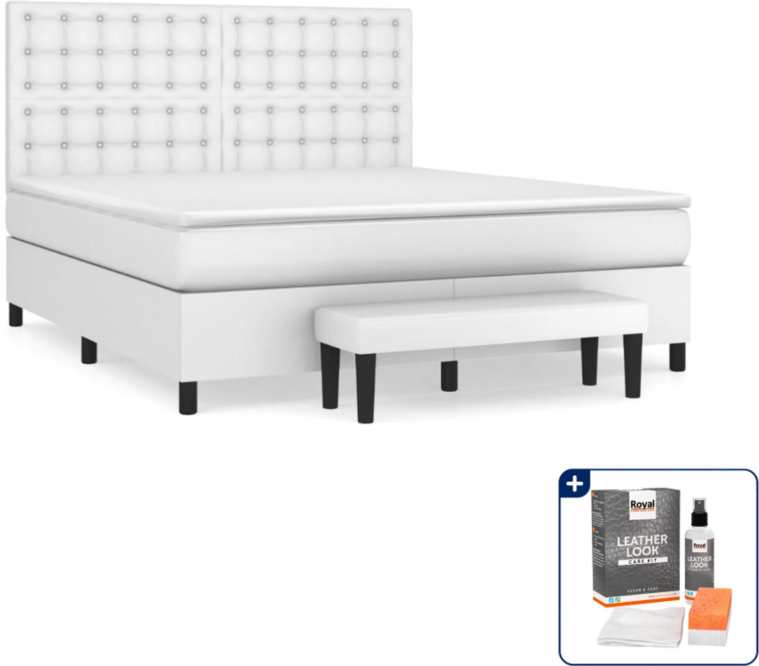 vidaXL Kingsize boxspring met matras en bankje - 180x200 cm - wit - Inclusief onderhoudsset voor kunstleer 150 ml