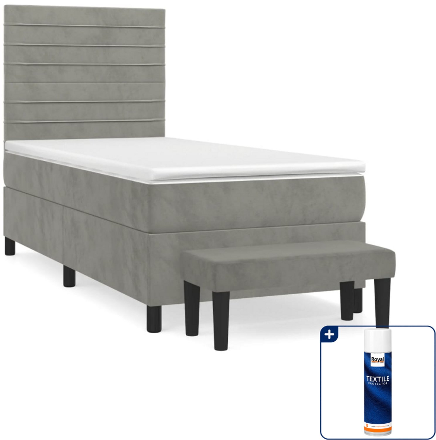 vidaXL boxspring met matras en bankje - 80 x 200 cm - fluweel - lichtgrijs - Inclusief textielbeschermer 500 ml
