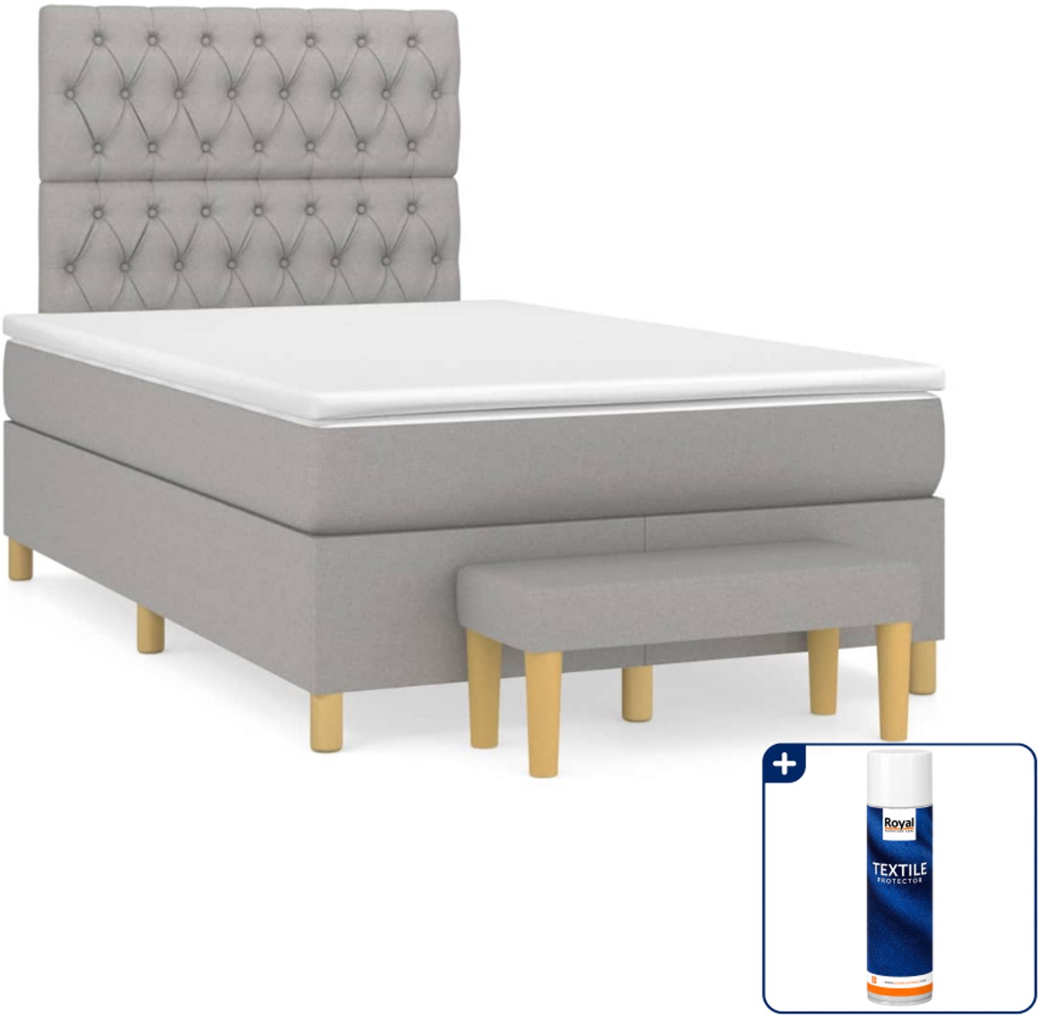 vidaXL boxspring met matras en bankje - 120 x 200 cm - lichtgrijs - Inclusief textielbeschermer 500 ml