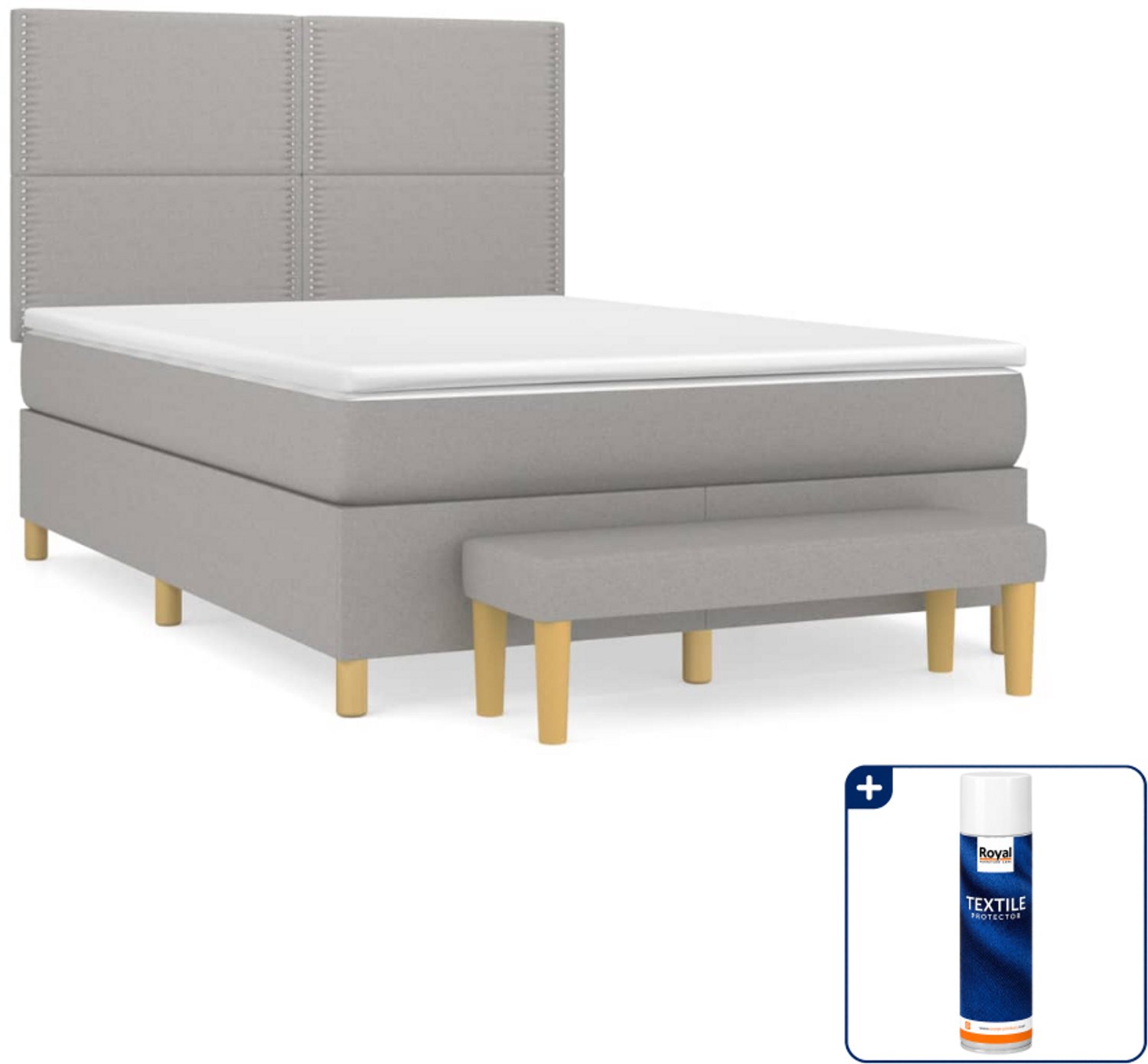 vidaXL boxspring met matras en bankje - 140 x 190 cm - lichtgrijs - Inclusief textielbeschermer 500 ml
