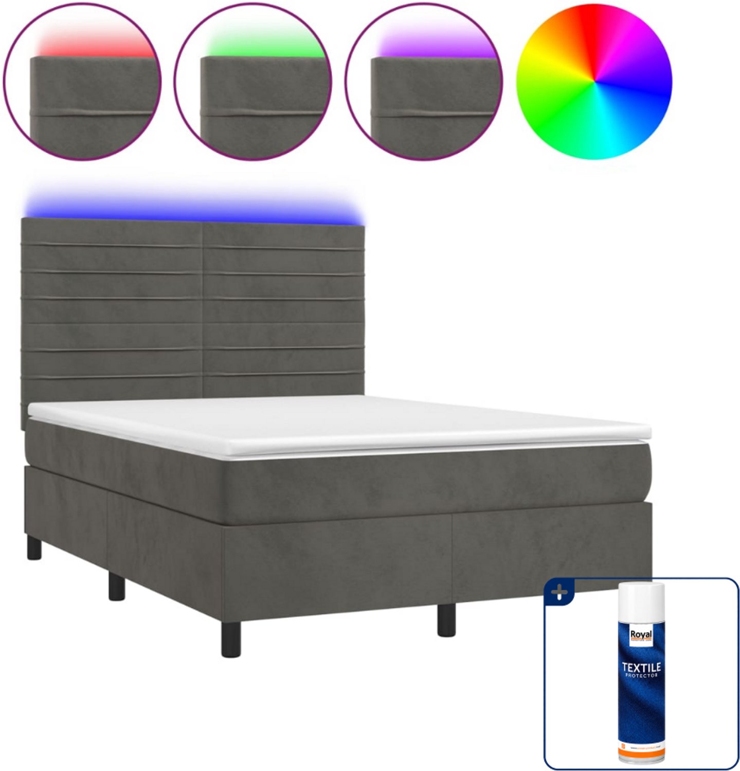 vidaXL Boxspring met matras en LED - 140 x 190 cm - fluweel - donkergrijs - Inclusief textielbeschermer 500 ml