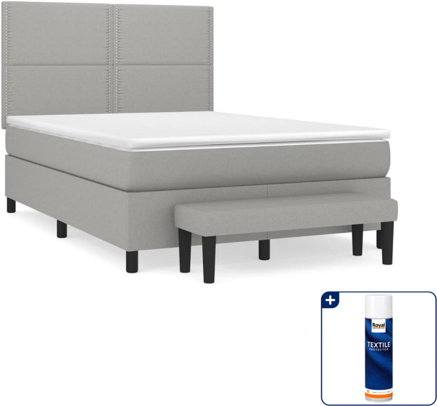 vidaXL boxspring met matras en bankje - 140 x 190 cm - lichtgrijs - Inclusief textielbeschermer 500 ml