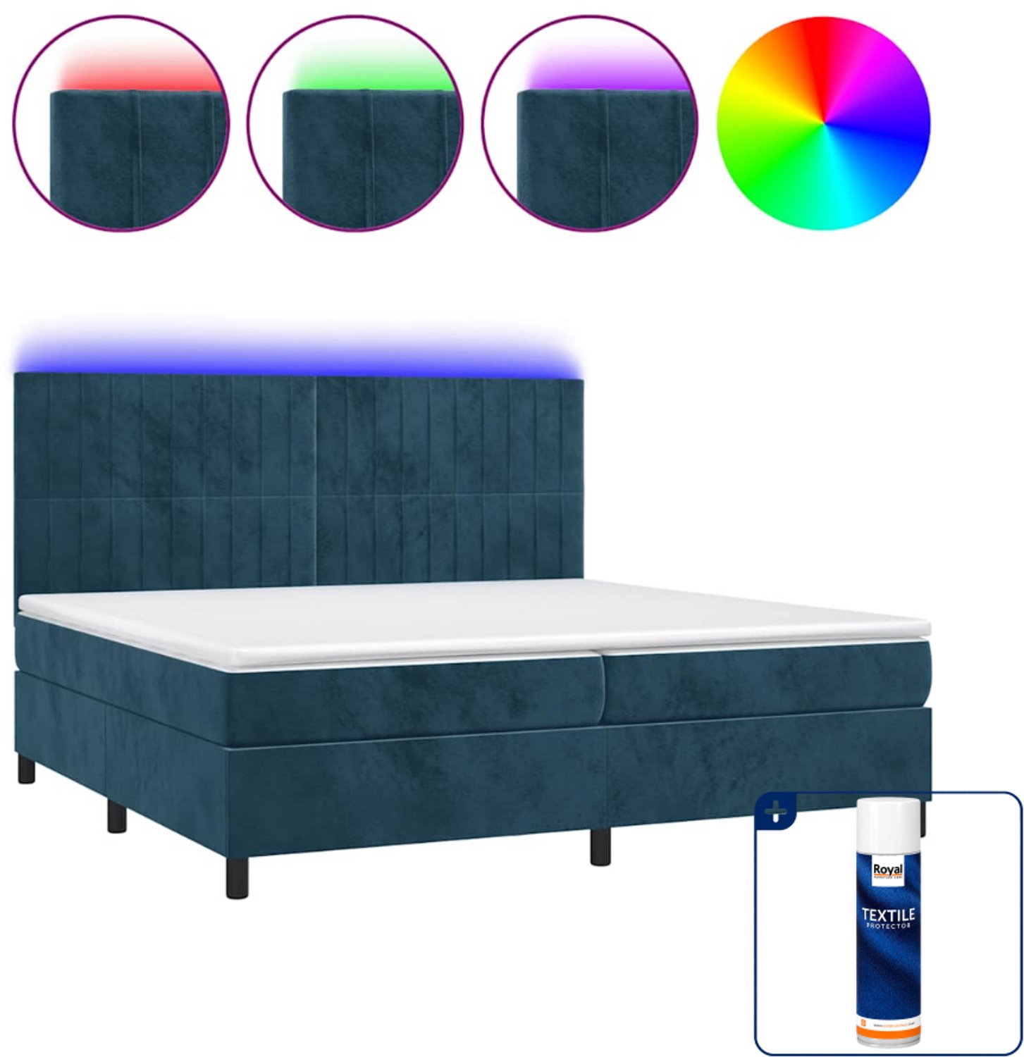 vidaXL boxspring met matras en LED - Super kingsize - donkerblauw - Inclusief textielbeschermer 500 ml