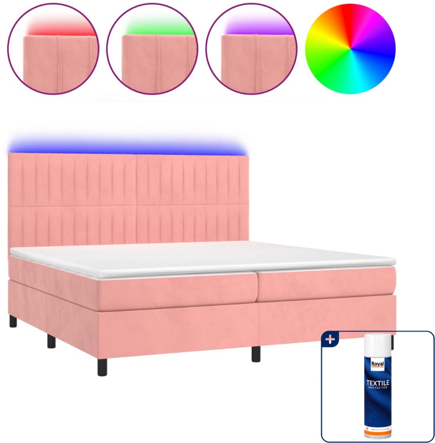 vidaXL Boxspring met matras en LED - 200 x 200 cm - fluweel - roze - Inclusief textielbeschermer 500 ml