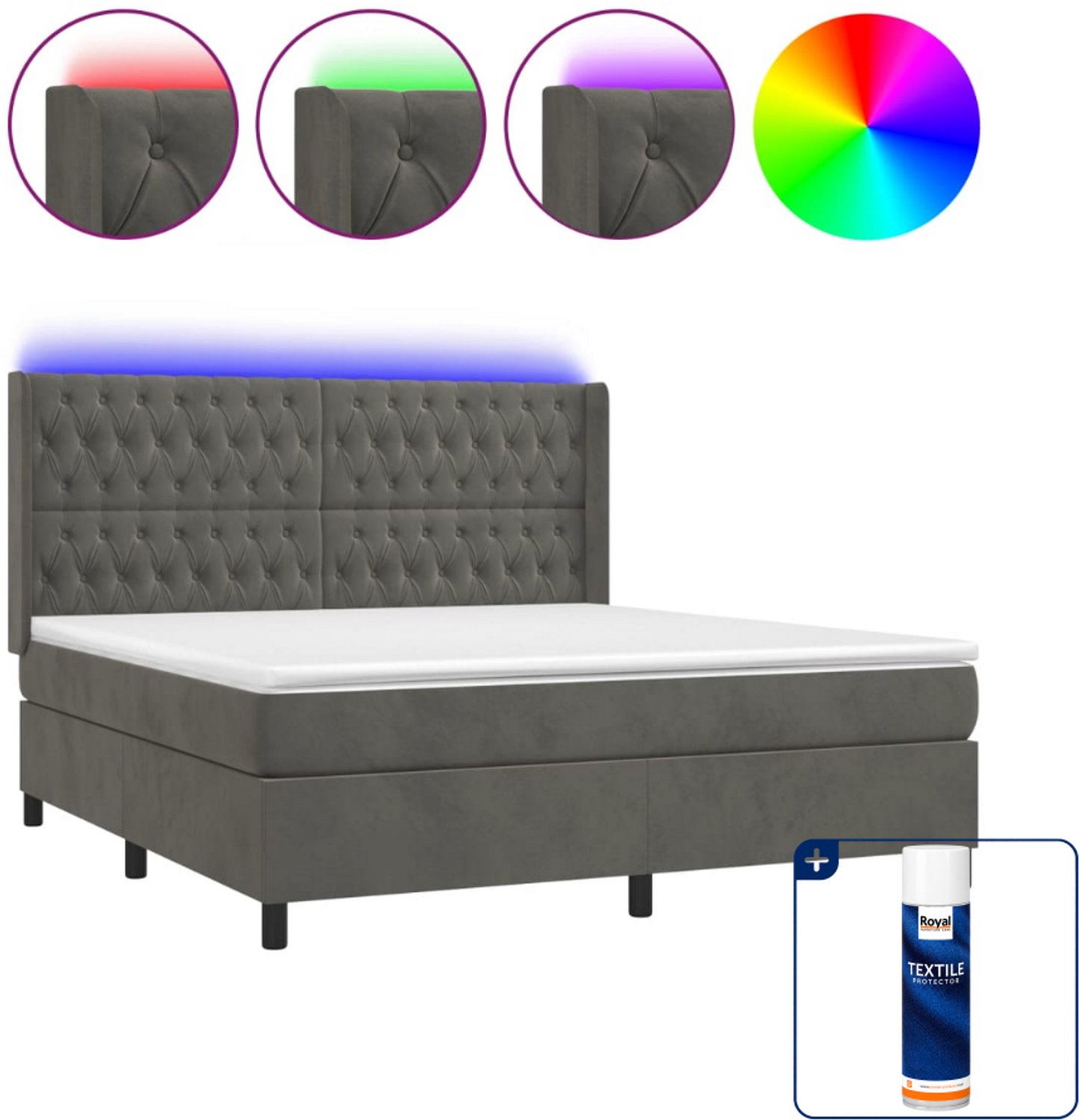 vidaXL boxspring met matras en LED - Kingsize - 180x200 cm - fluweel - Inclusief textielbeschermer 500 ml Grijs