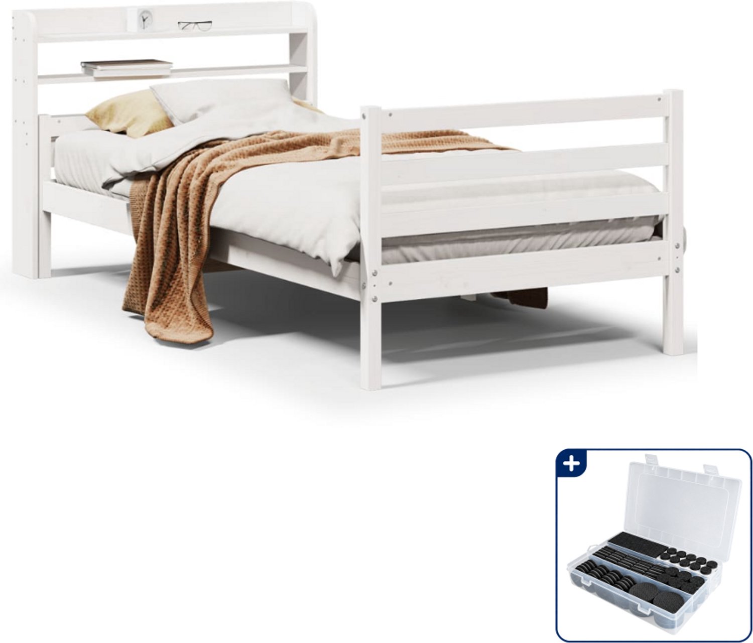 vidaXL bedframe met hoofdeinde - 100 x 200 cm - massief grenenhout - wit - Inclusief antikrasvilt 177-delig Bruin