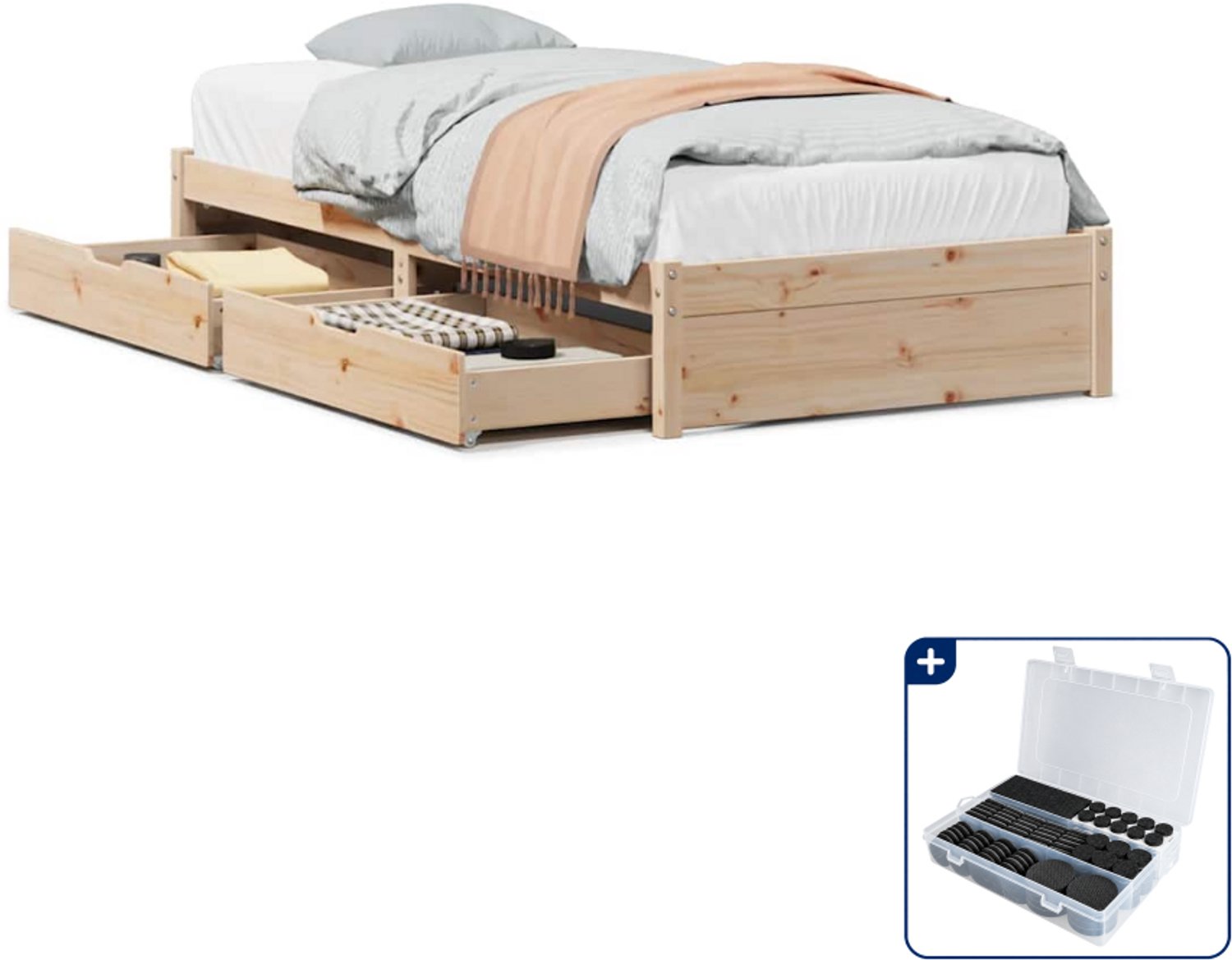 vidaXL bedframe met 2 lades - 75 x 190 cm - massief grenenhout - Inclusief antikrasvilt 177-delig Bruin