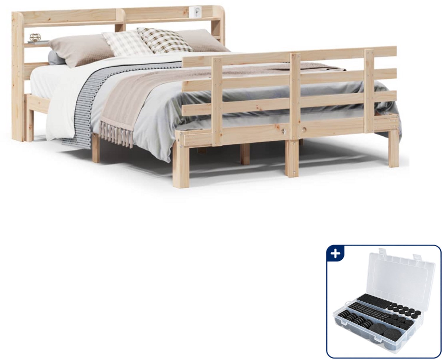 vidaXL bedframe met hoofdbord - 150 x 200 cm - massief grenenhout - Inclusief antikrasvilt 177-delig Bruin