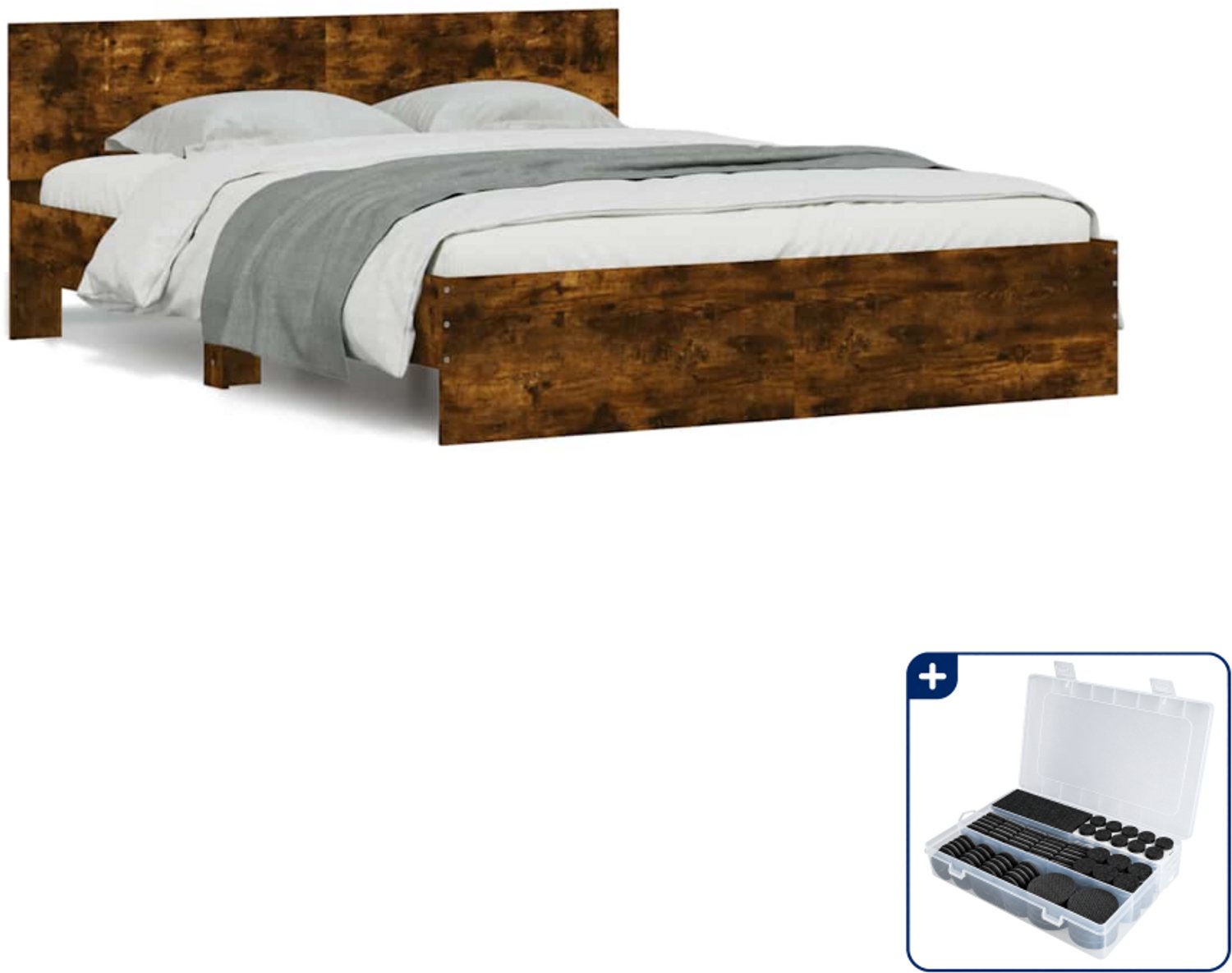 vidaXL Bedframe 140 x 190 cm - bewerkt hout - gerookt eiken - Inclusief antikrasvilt 177-delig