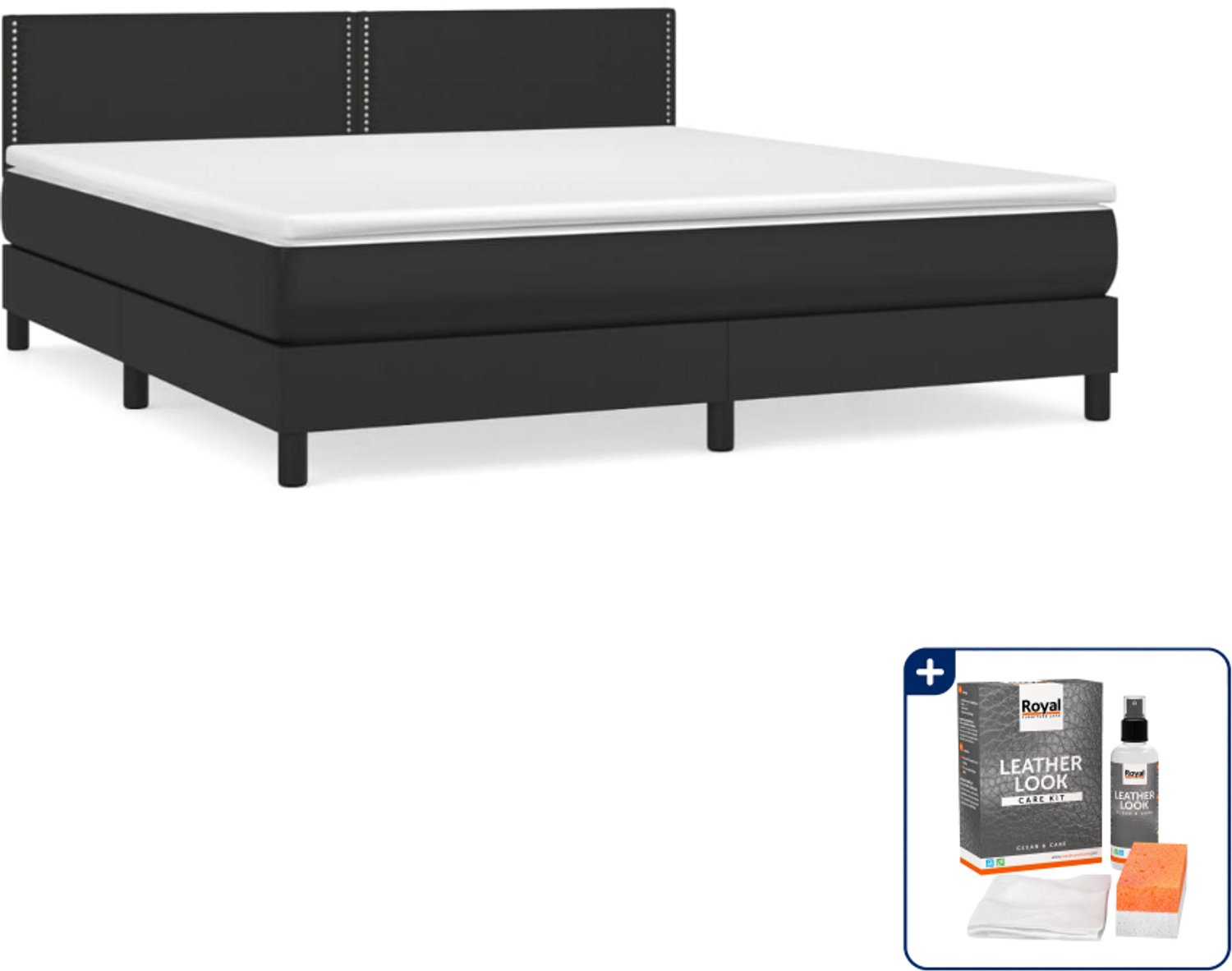 vidaXL boxspring met matras Kingsize - 180 x 200 cm - zwart - Inclusief onderhoudsset voor kunstleer 150 ml