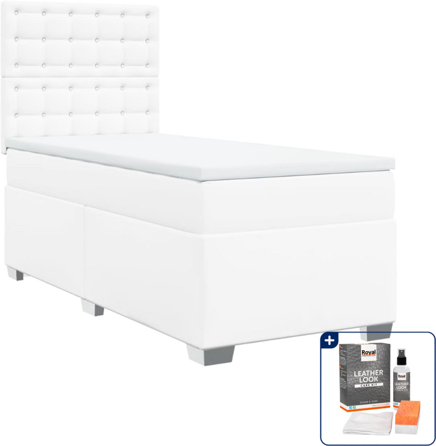 vidaXL boxspring met matras 100 x 200 cm - kunstleer - wit - Inclusief onderhoudsset voor kunstleer 150 ml