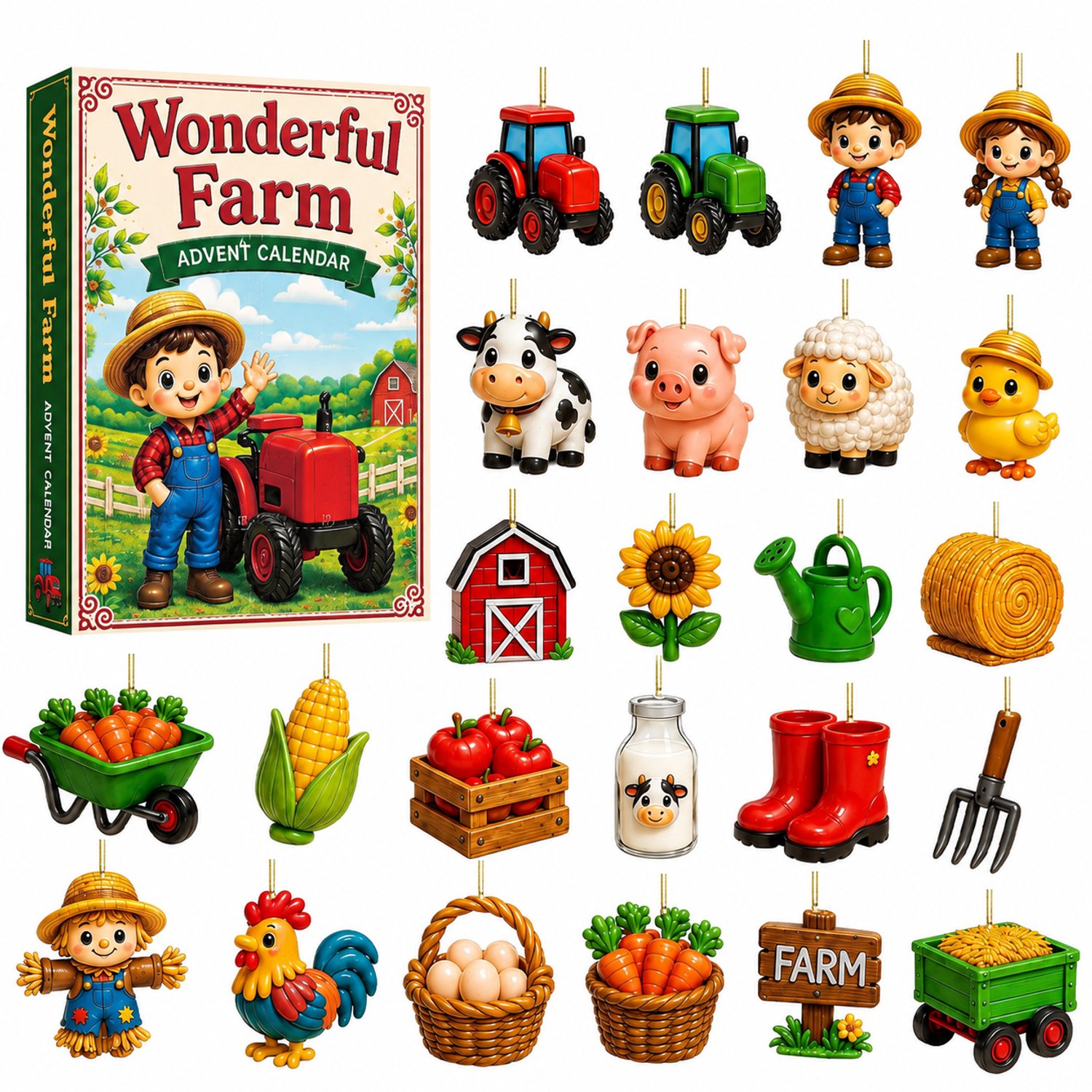 Adventskalender met boerderijthema, 24 platte hangdecoraties met vogelverschrikker, boeren, dieren en tractoren, in papieren doos