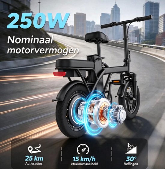 JUICEASE X14-H Fiets Elektrisch – Motor 250W – 48V 15.6Ah –Tot 25 km – 15 km/u – 14” Luchtbanden – voorvering – schijfrem + elektronische rem – koplamp en achterlicht — afbeelding 3
