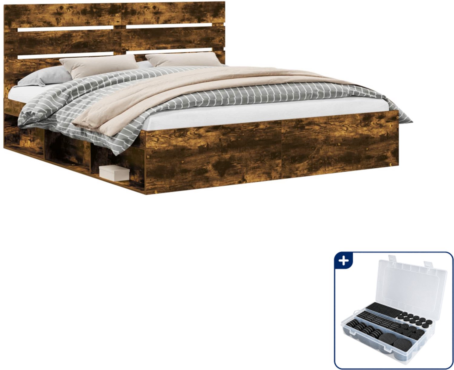 vidaXL Bedframe - Kingsize - 180 x 200 cm - gerookt eiken - Inclusief antikrasvilt 177-delig Bruin
