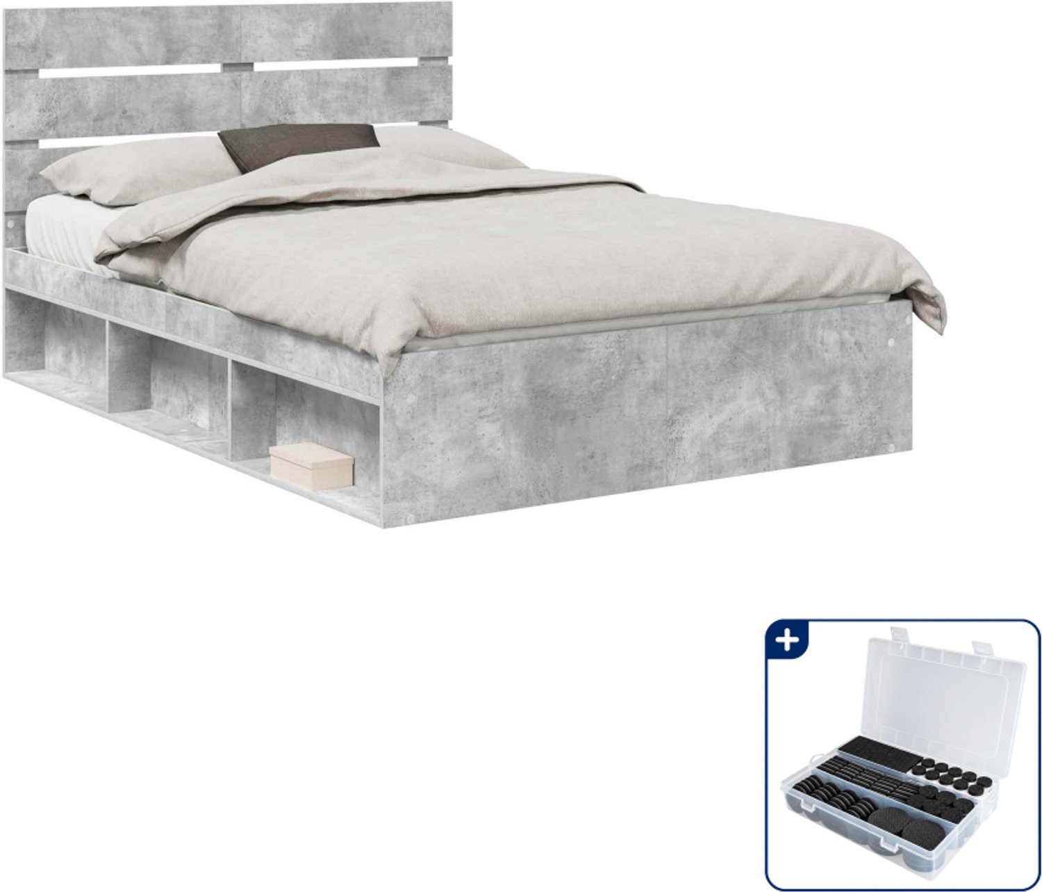 vidaXL bedframe met hoofdeinde - Small double - 140 x 200 cm - beton - Inclusief antikrasvilt 177-delig Grijs