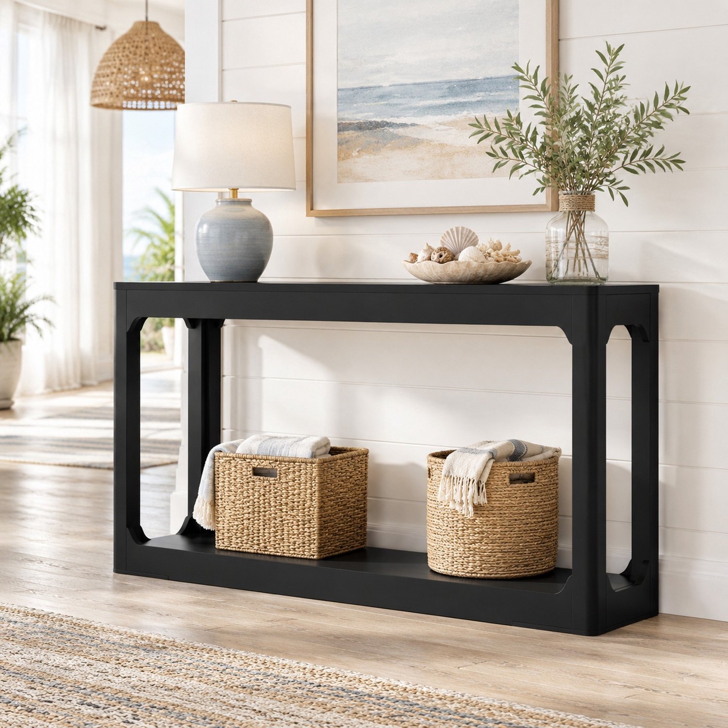 Wishdor Sidetable - Smal ontwerp met twee open opbergniveaus - Gebogen sierlijnen en open legplank - Modern minimalistisch - Achter de bank, in hal of entree - MDF - Zwart - 140 x 30 x 79 cm