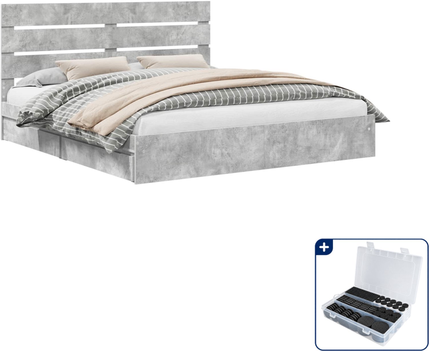 vidaXL bed met lade - Super kingsize - 200 x 200 cm - beton grijs - Inclusief antikrasvilt 177-delig Zwart