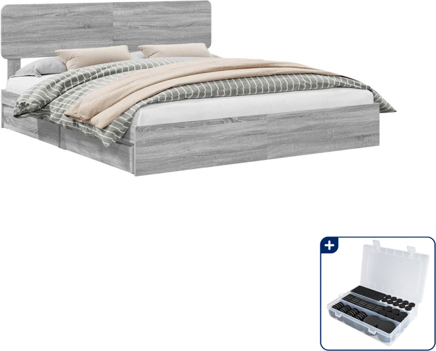 vidaXL Kingsize bedframe - 180 x 200 cm - bewerkt hout - grijs sonoma - Inclusief antikrasvilt 177-delig Groen