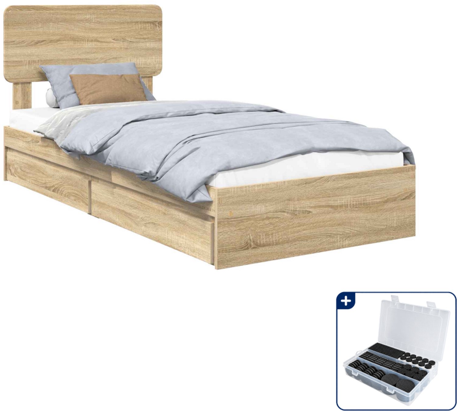 vidaXL bedframe - 75 x 190 cm - bewerkt hout - sonoma eiken - Inclusief antikrasvilt 177-delig Zwart