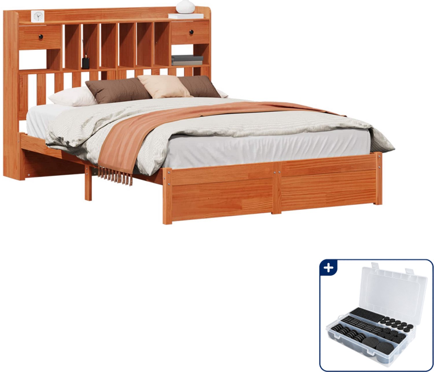 vidaXL boekenkast bedframe - 150 x 200 cm - massief grenenhout - wasbruin - Inclusief antikrasvilt 177-delig