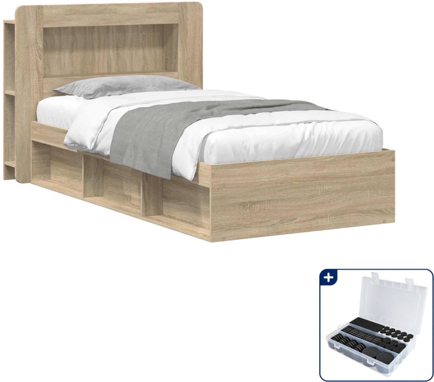 vidaXL bedframe - 75 x 190 cm - bewerkt hout - sonoma eiken - Inclusief antikrasvilt 177-delig Bruin