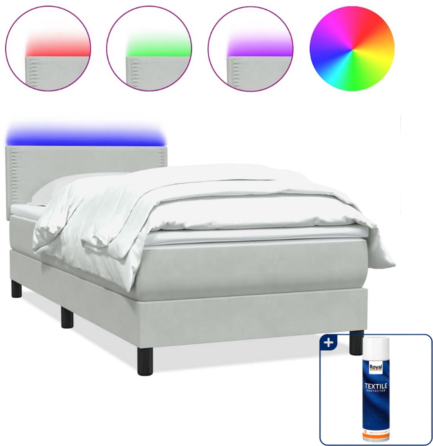 vidaXL boxspring met matras en LED - 80 x 210 cm - fluweel - lichtgrijs - Inclusief textielbeschermer 500 ml Bruin