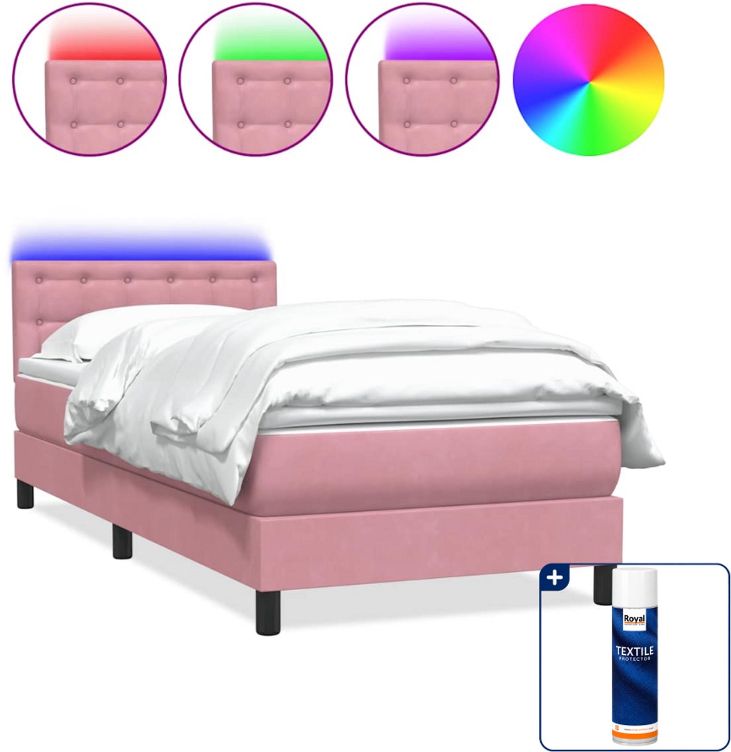 vidaXL boxspring met matras en led - 80 x 220 cm - fluweel - roze - Inclusief textielbeschermer 500 ml Wit
