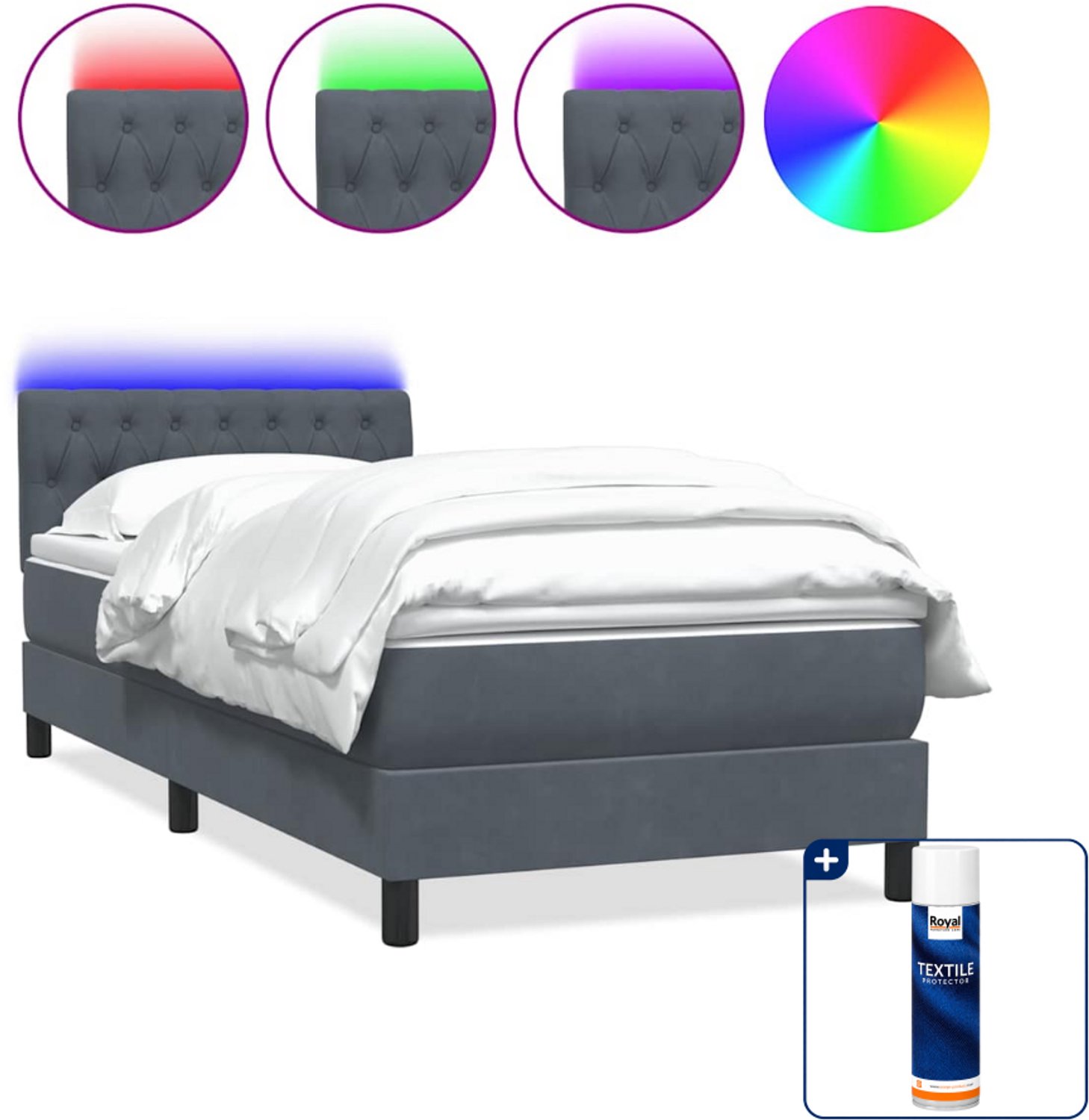 vidaXL boxspring met matras en led - 80 x 220 cm - fluweel - donkergrijs - Inclusief textielbeschermer 500 ml Wit