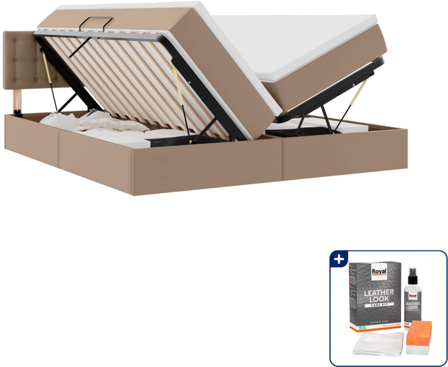 vidaXL opbergbed Kingsize - 180 x 200 cm - kunstleer - cappuccino - Inclusief onderhoudsset voor kunstleer 150 ml Grijs