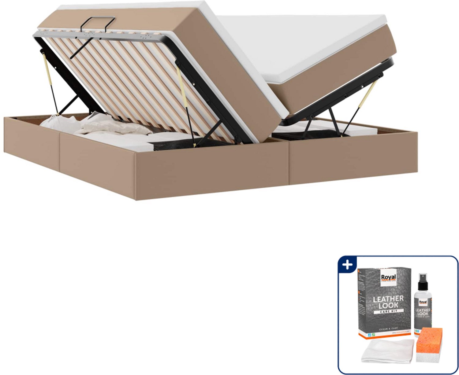 vidaXL opbergbed Kingsize - 180 x 200 cm - kunstleer - cappuccino - Inclusief onderhoudsset voor kunstleer 150 ml