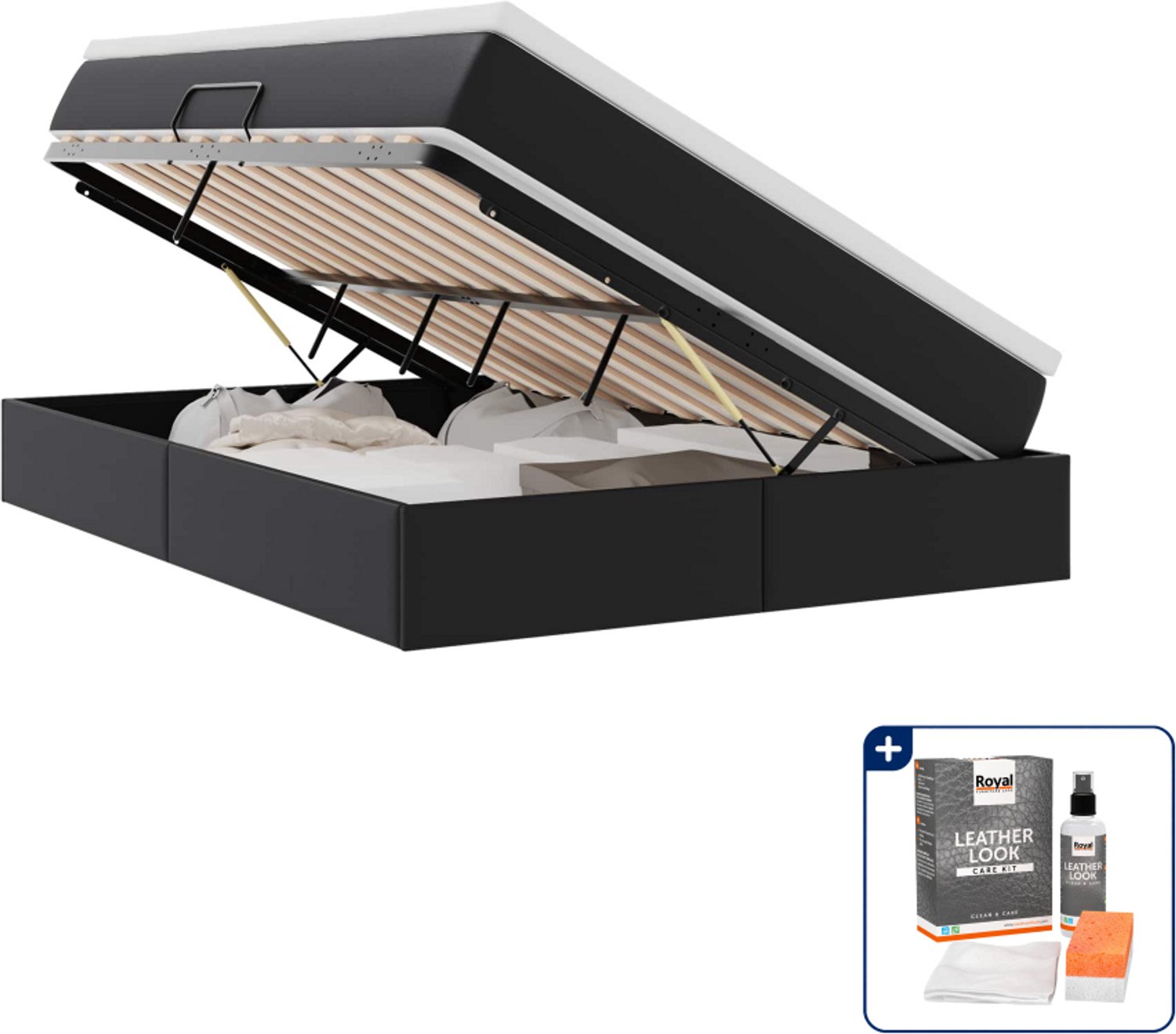 vidaXL opbergbed met matras - 140 x 190 cm - kunstleer - zwart - Inclusief onderhoudsset voor kunstleer 150 ml