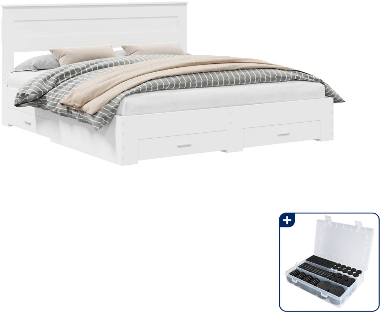 vidaXL bedframe met lade - Kingsize - 180 x 200 cm - bewerkt hout - wit - Inclusief antikrasvilt 177-delig Zwart