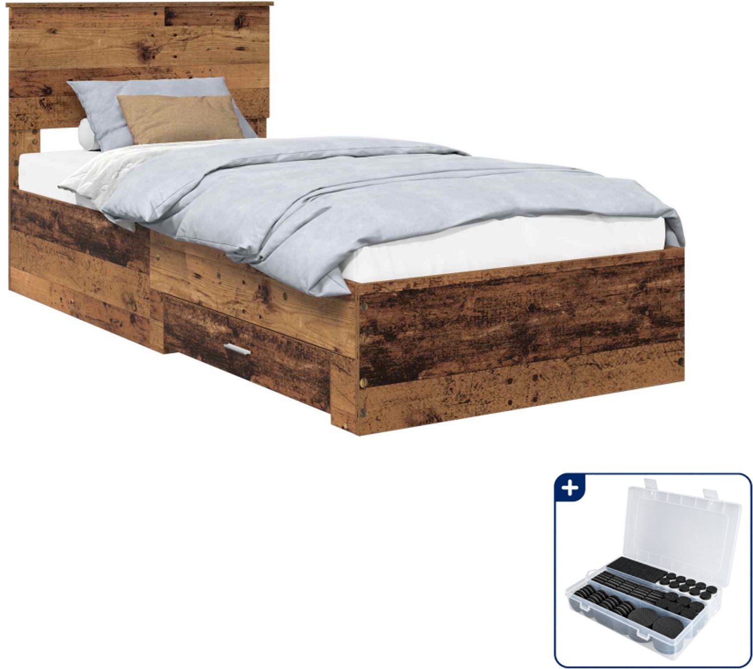 vidaXL bedframe met lades - 90 x 200 cm - bewerkt hout - oud hout - Inclusief antikrasvilt 177-delig Grijs