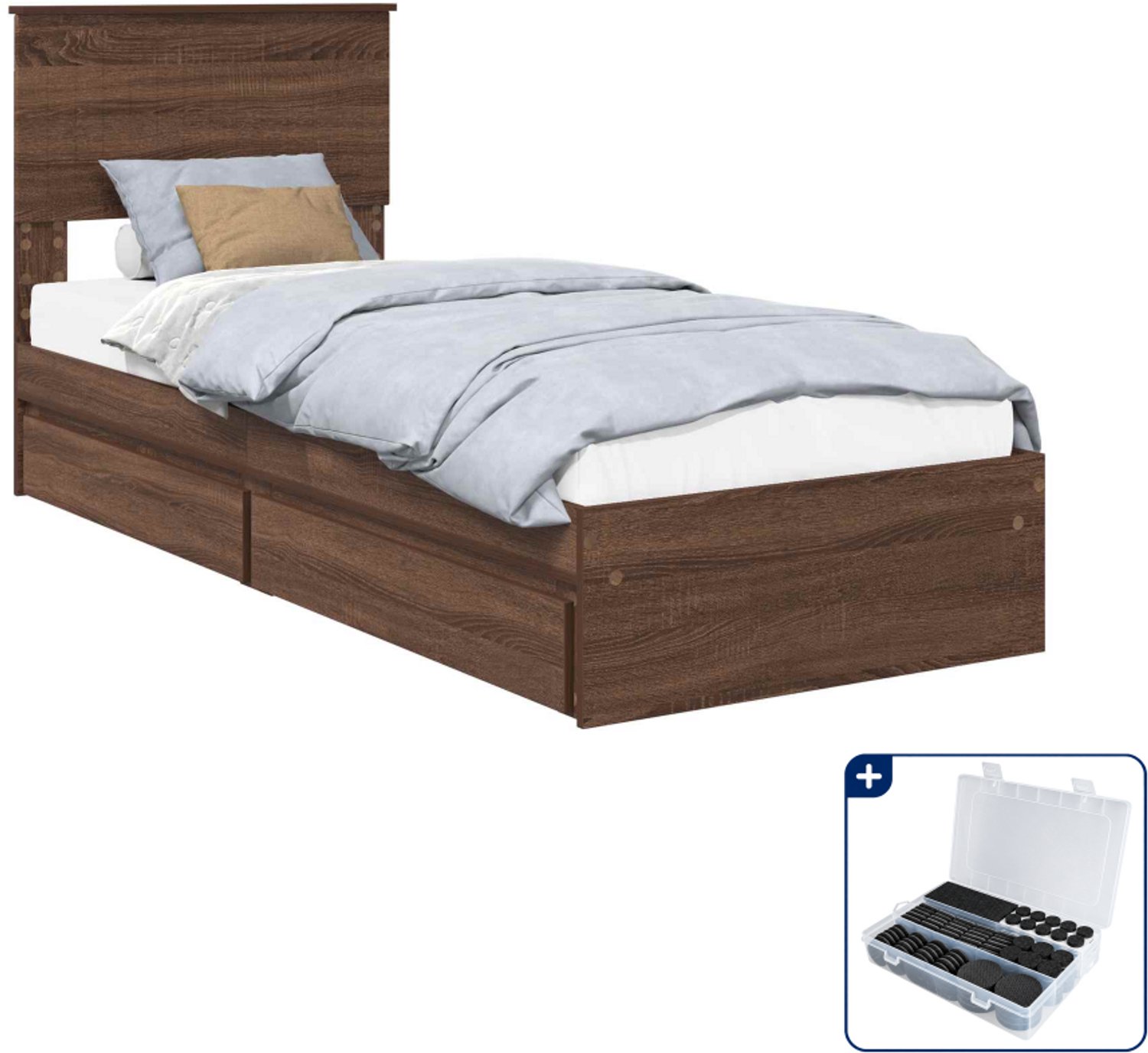 vidaXL bedframe - 75 x 190 cm - bewerkt hout - bruin eiken - Inclusief antikrasvilt 177-delig
