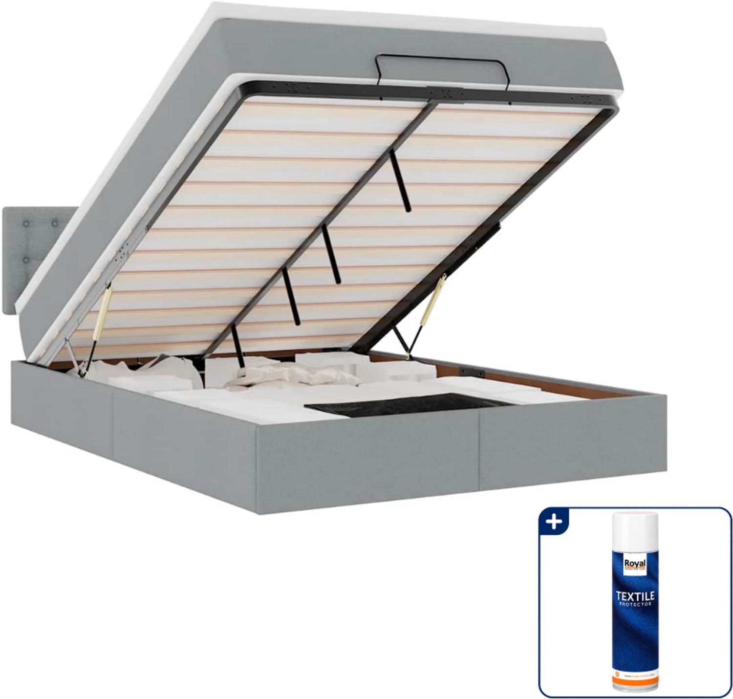 vidaXL bed met matras en LED - 140 x 190 cm - stof - lichtgrijs - Inclusief textielbeschermer 500 ml Crème