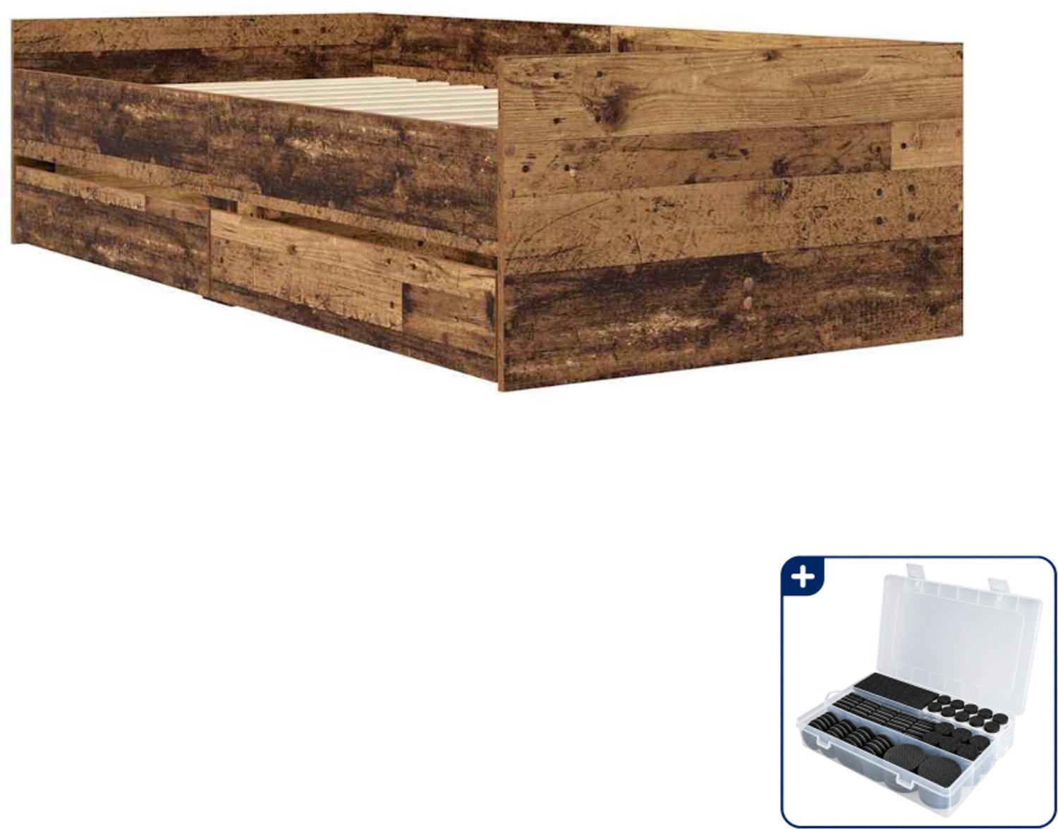 vidaXL bedframe met lade - 100 x 200 cm - massief grenenhout - oud hout - Inclusief antikrasvilt 177-delig Grijs