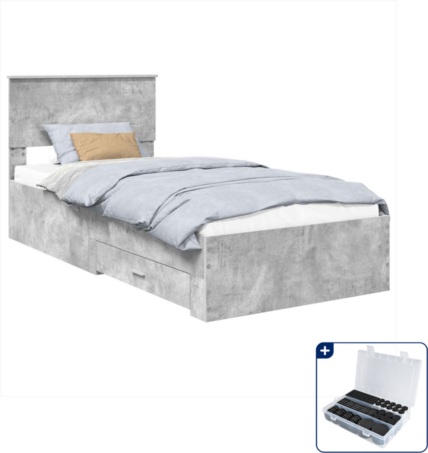 vidaXL bedframe met lade - 100 x 200 cm - bewerkt hout - beton grijs - Inclusief antikrasvilt 177-delig