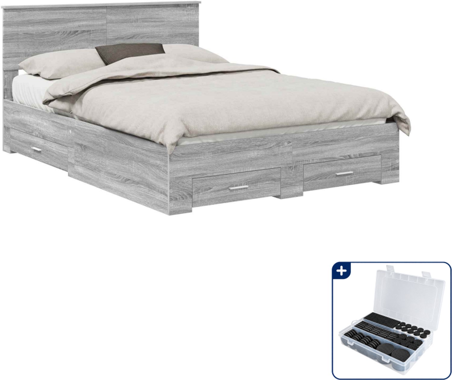 vidaXL bedframe - 150 x 200 cm - bewerkt hout - grijs sonoma - Inclusief antikrasvilt 177-delig Bruin