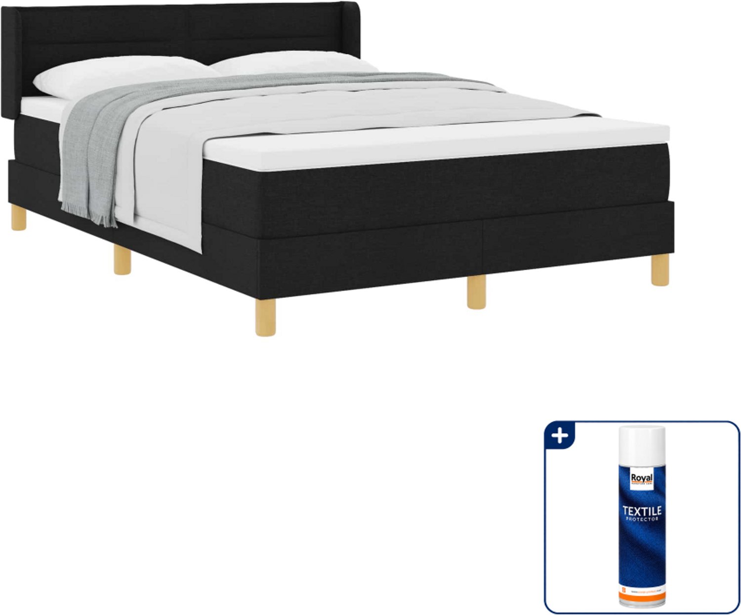 vidaXL boxspringbed met matras - 190 x 140 cm - stof - zwart - Inclusief textielbeschermer 500 ml