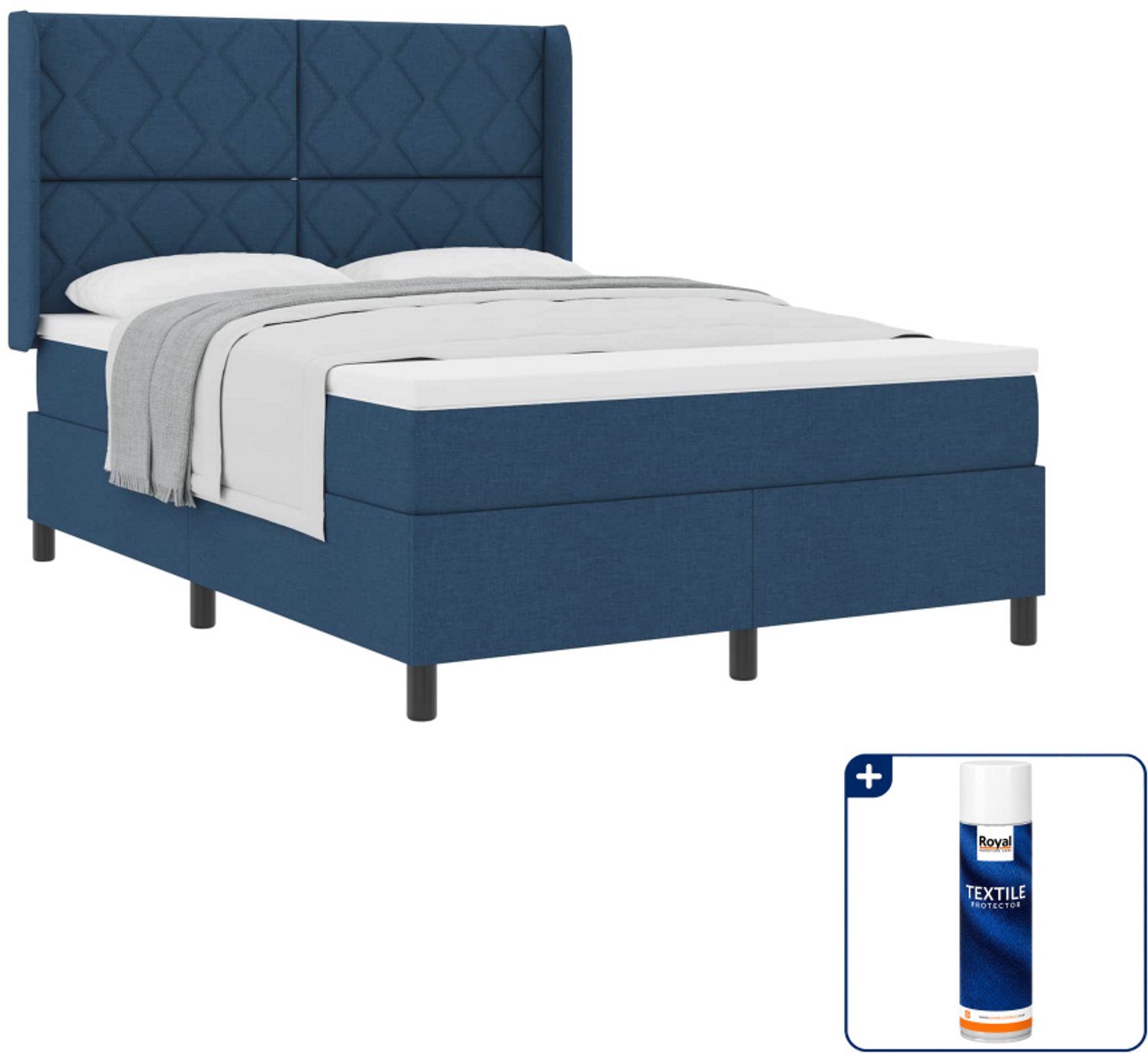 vidaXL boxspringbed - Small double - 140 x 200 cm - blauw - Inclusief textielbeschermer 500 ml