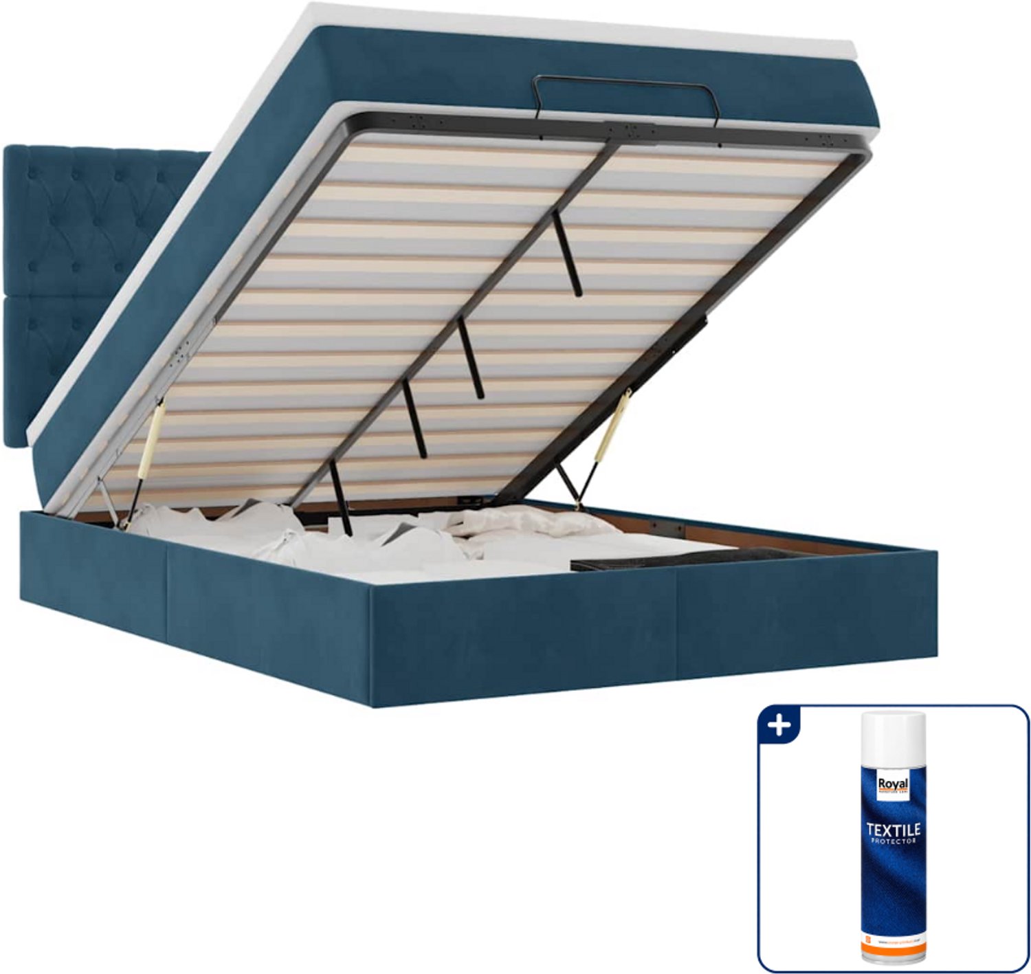 vidaXL ottoman bed - Small double - 140 x 200 cm - donkerblauw - Inclusief textielbeschermer 500 ml