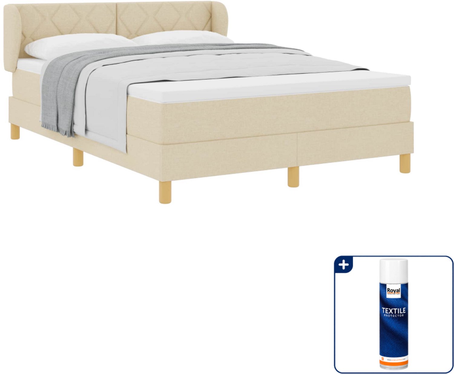 vidaXL boxspringbed - Queensize - 160 x 200 cm - Crème - Inclusief textielbeschermer 500 ml