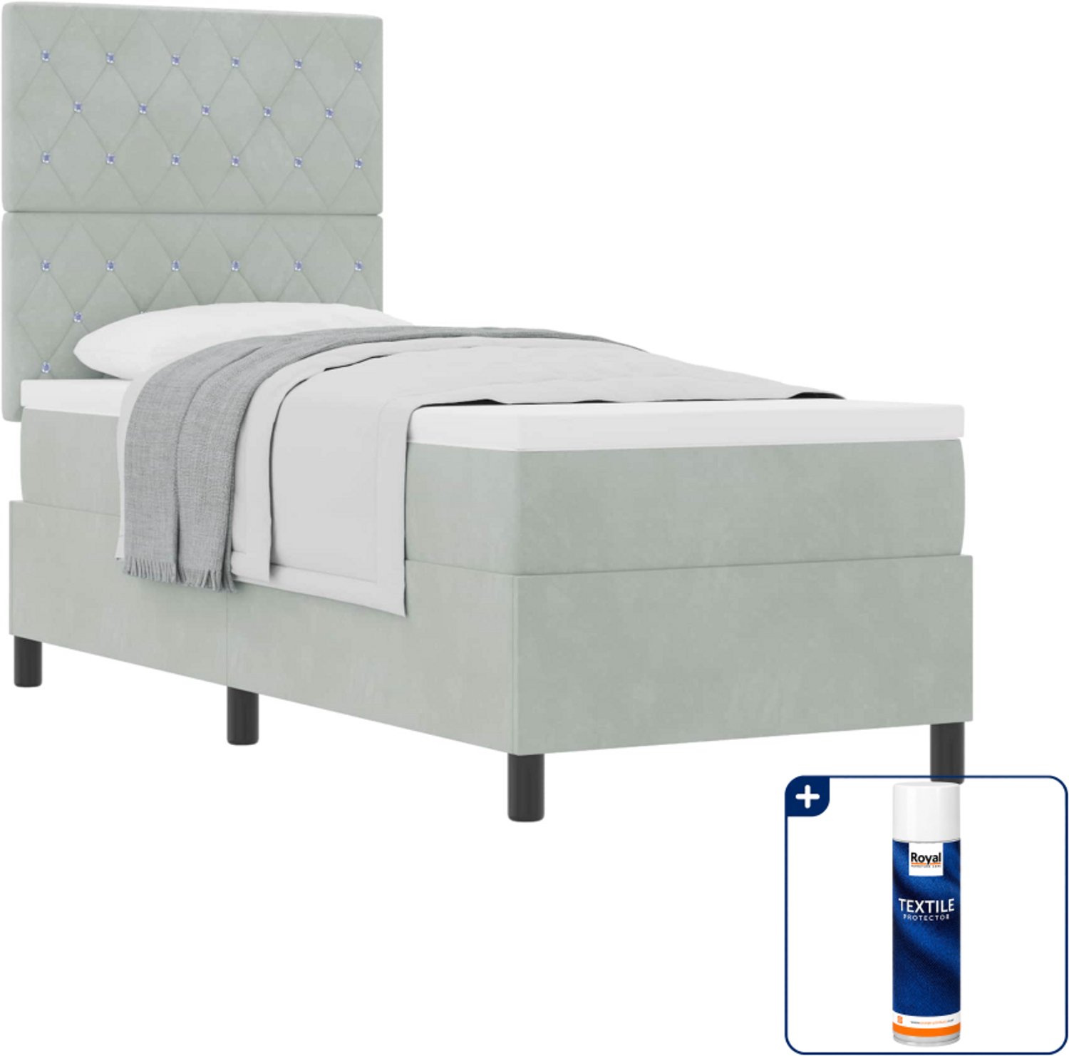 vidaXL boxspringbed met matras - 80 x 200 cm - fluweel - lichtgrijs - Inclusief textielbeschermer 500 ml
