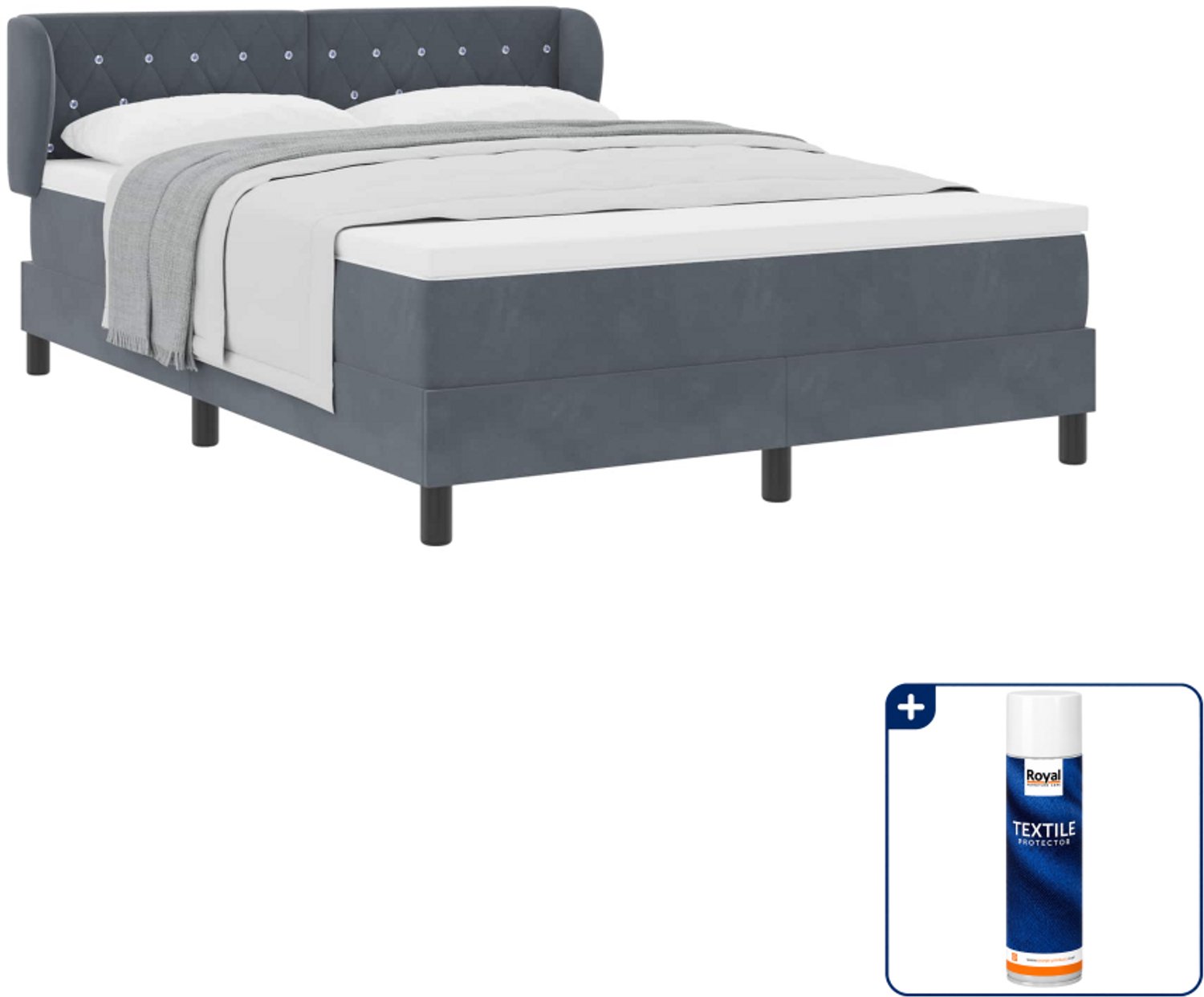 vidaXL boxspringbed - 140 x 190 cm - fluweel - donkergrijs - Inclusief textielbeschermer 500 ml
